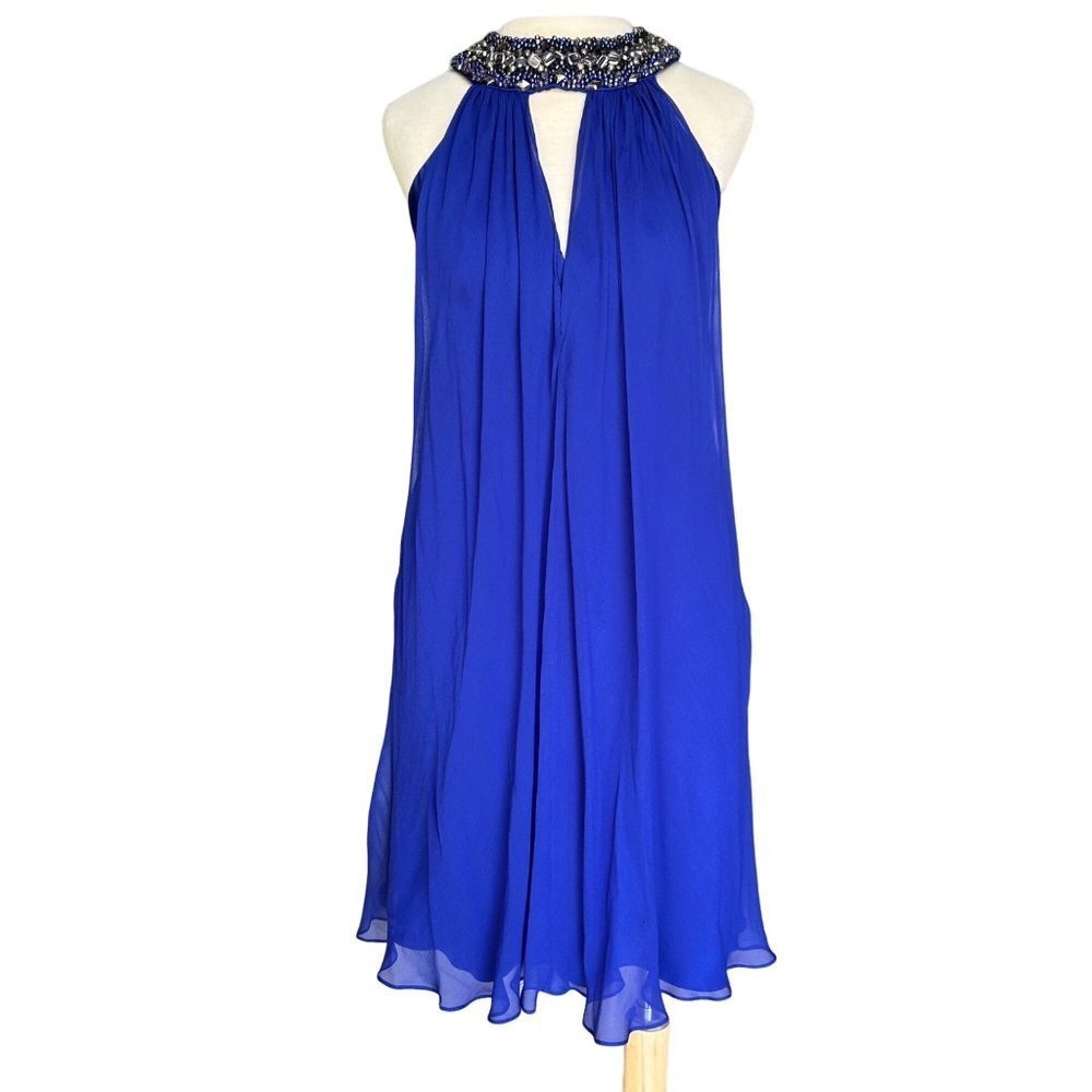 Marc Bouwer Womens Silk Dress XS Blue Beaded Halter Flare  Chiffon Flowy